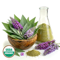 Butterfly bush leaves and flowers in a woooden bowl and a beaker of powder, surrounded by purple flowers and a USDA Organic label on a white background.