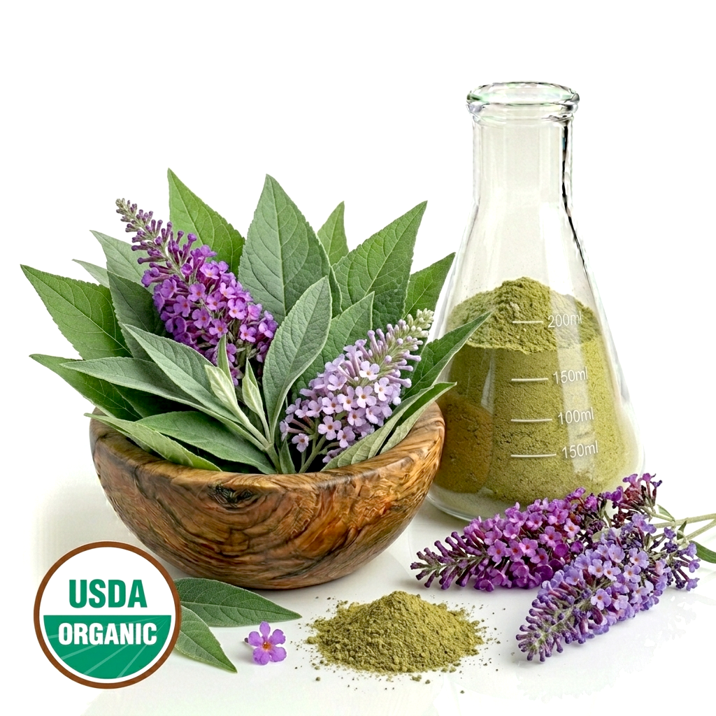 Butterfly bush leaves and flowers in a woooden bowl and a beaker of powder, surrounded by purple flowers and a USDA Organic label on a white background.