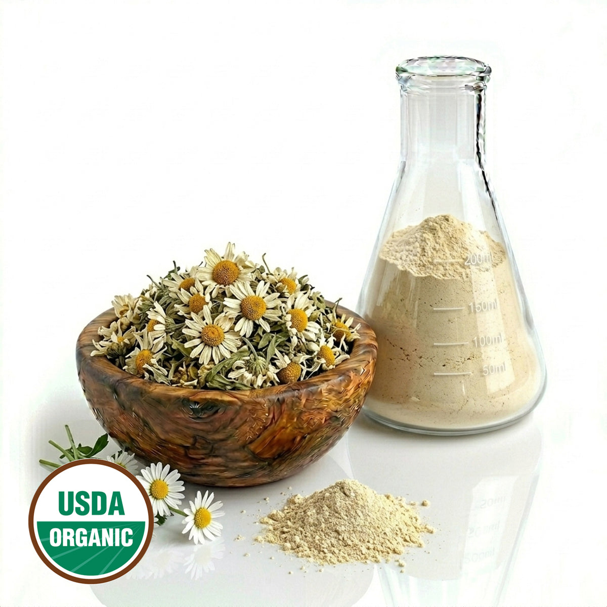 Wooden bowl with dried Daisy flowers, a glass container with powder, and USDA Organic label on a white background