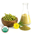 Evening primrose stems in a wooden bowl, yellow powder in a glass flask, and a yellow flower on a white background with USDA Organic logo.