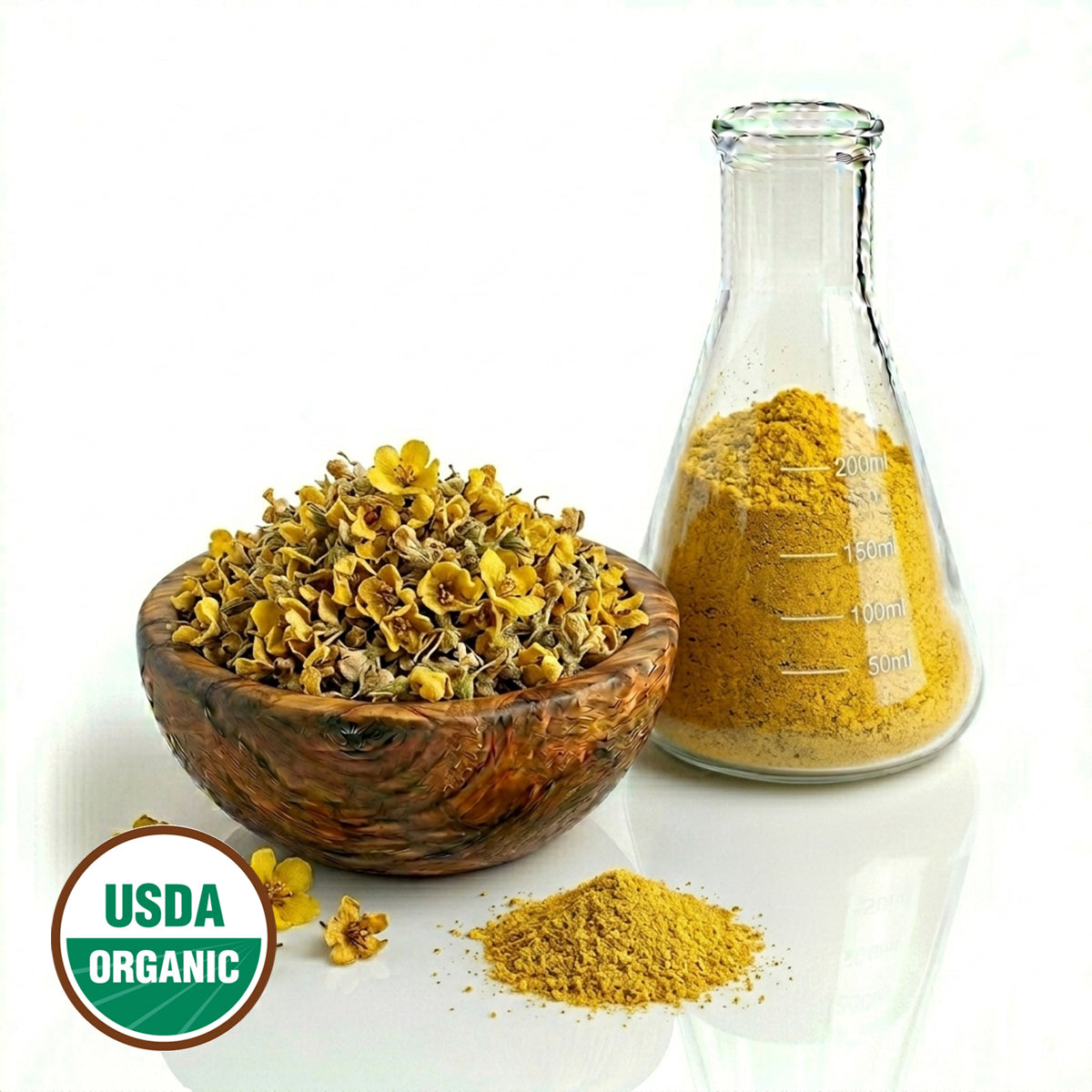 Wooden bowl with dried Mulein flowers, a beaker glass container with yellow powder substance, and USDA Organic label on a white background.