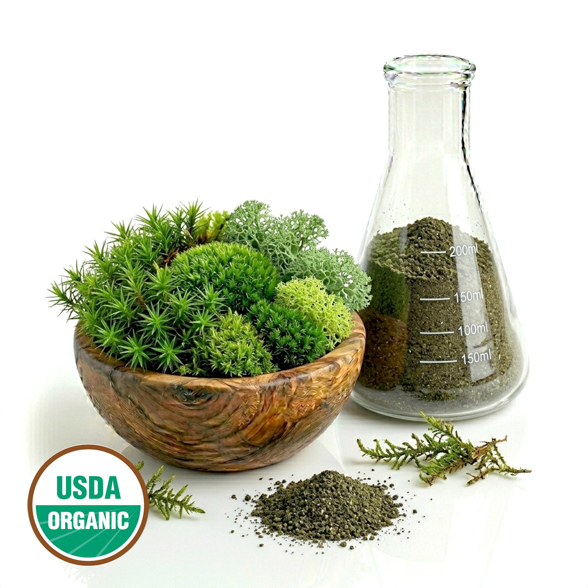 Moss in a wooden bowl and in a glass container with a USDA Organic label on a white background