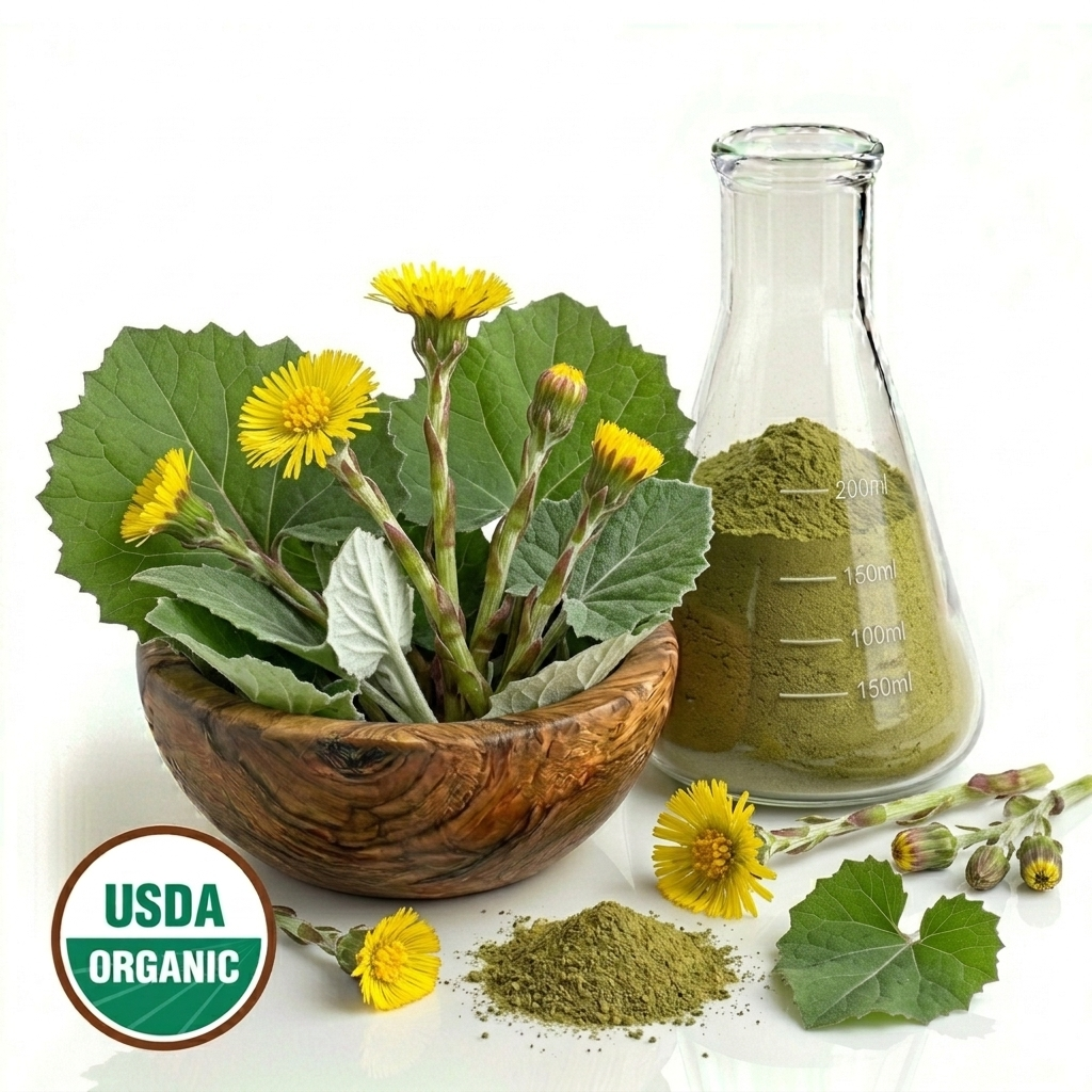 Colts Foot leaves and flowers in a wooden bowl, and a glass flash with green powder on a white background, featuring an USDA Organic label.