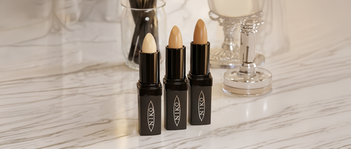 Three black concealer containers with beige shades on a marble surface, featuring the brand 'NIKO'.