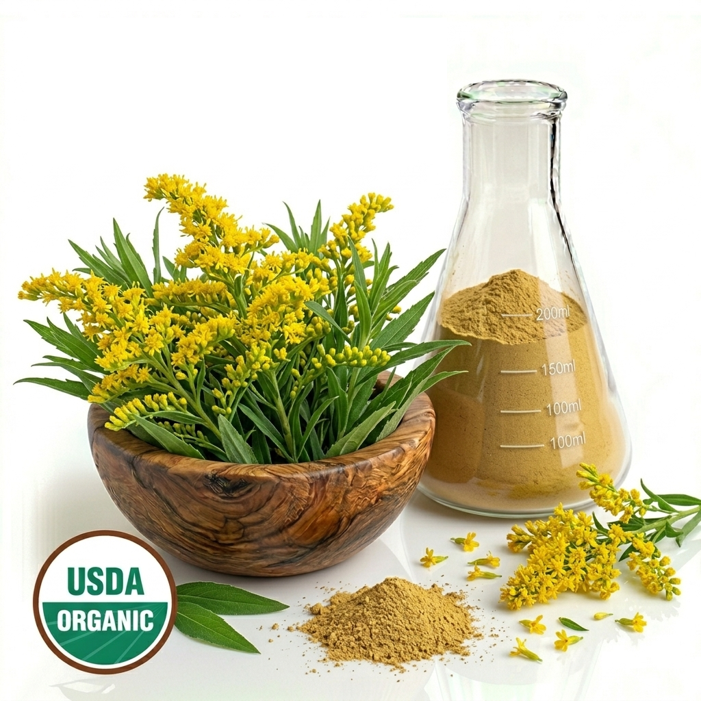 Bowl of Golden Rod yellow flowers, glass flask with powder, and USDA Organic label on a white background