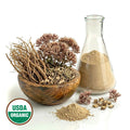 Joe Pye Weed plant in a wooden bowl and glass bottle with dried powder and  USDA Organic label on a white background