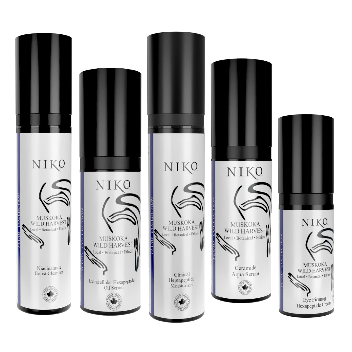 Five cylindrical cosmetic bottles with black caps and white labels, branded NIKO, arranged on a plain white background. The labels read 'Muskoka Wild Harvest' and show different product variants as cleanser, moisturizer, aqua and oil serums and eye cream.
