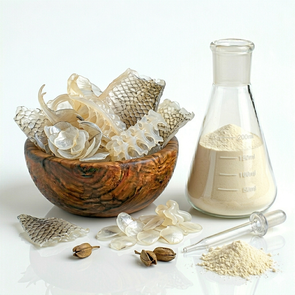 Wooden bowl with dried fish pieces, a glass flask with powder, and other ingredients on a white background