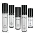 Five NIKO skincare fluid bottles with black caps and white labels, arranged in a row against a plain white background.