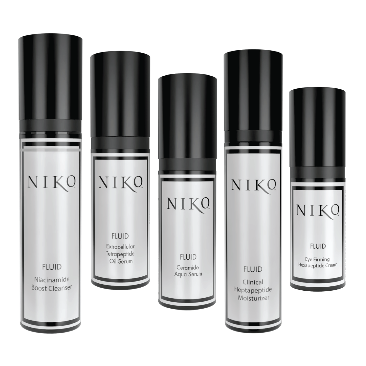 Five NIKO skincare fluid bottles with black caps and white labels, arranged in a row against a plain white background.