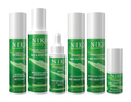 Six NIKO skincare Rainforest bottles with white caps and labels with bold green leaf design, arranged in a row against a plain white background.