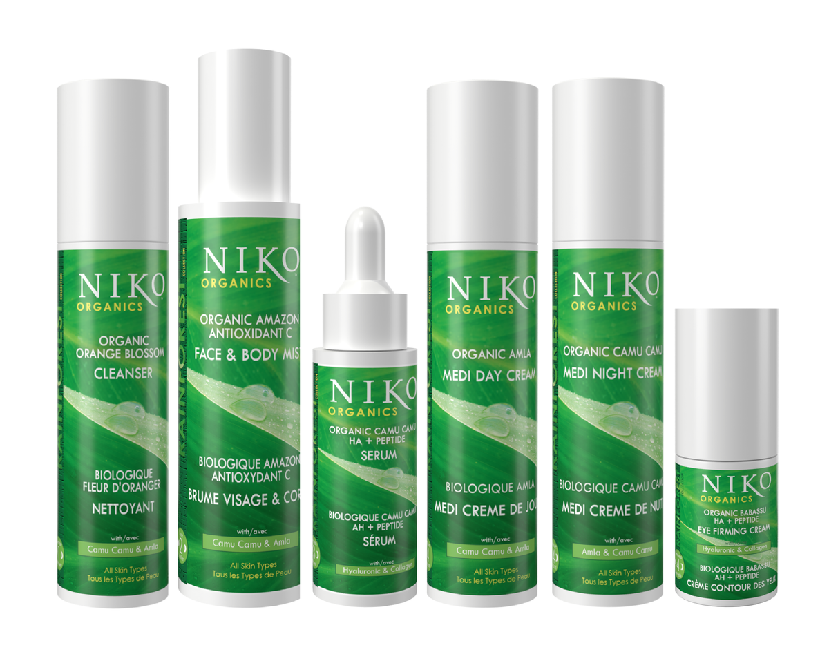 Six NIKO skincare Rainforest bottles with white caps and labels with bold green leaf design, arranged in a row against a plain white background.
