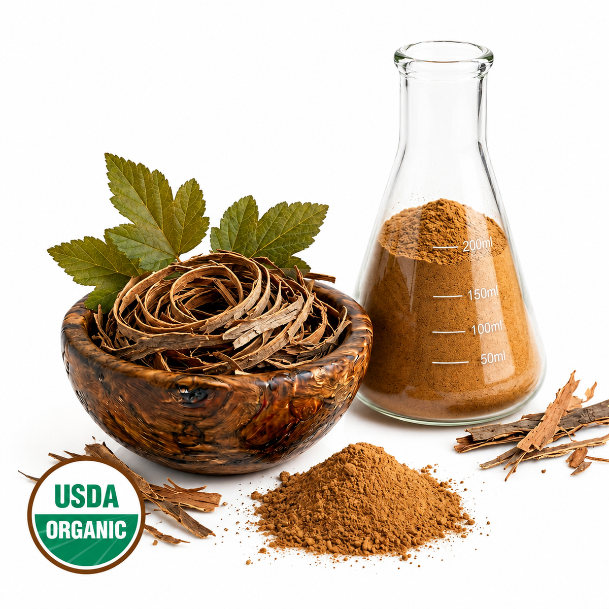 Nine Bark green leaves and dried plant parts in a wooden bowl and a glass flask with powder and the USDA seal on a white background.