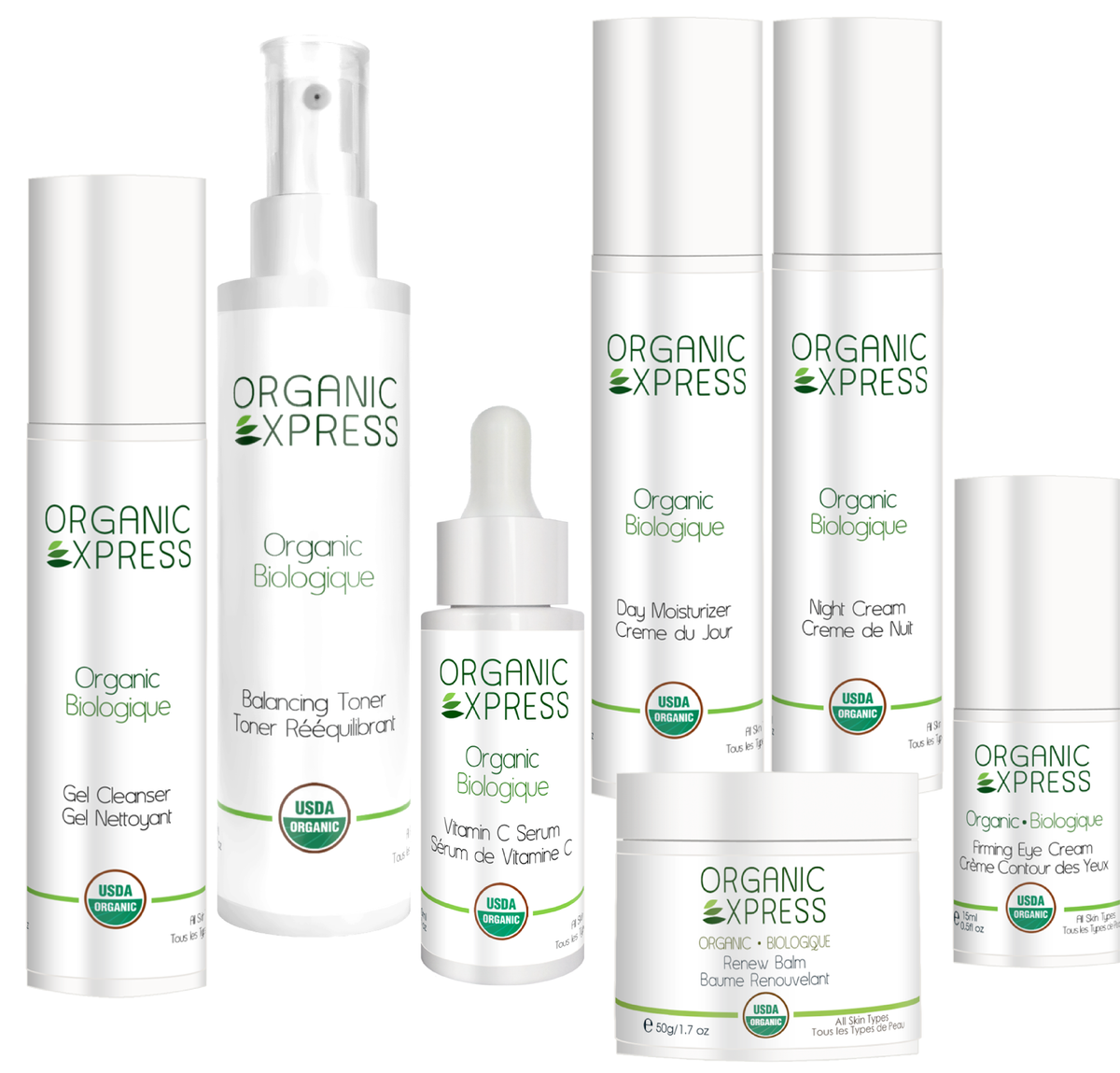 Seven NIKO skincare Organic Express bottles and a jar with white caps and white labels, arranged in a row against a plain white background.