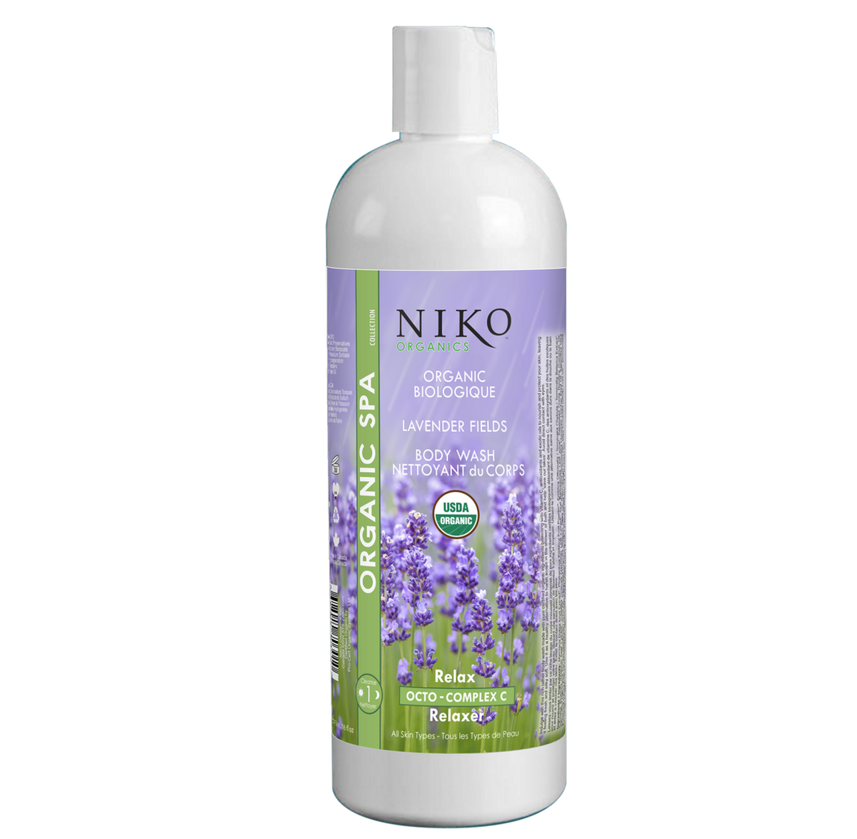 BOSTON ROUND BOTTLE 473mL WITH ORGANIC LAVENDER FIELDS BODY  WASH LABEL
