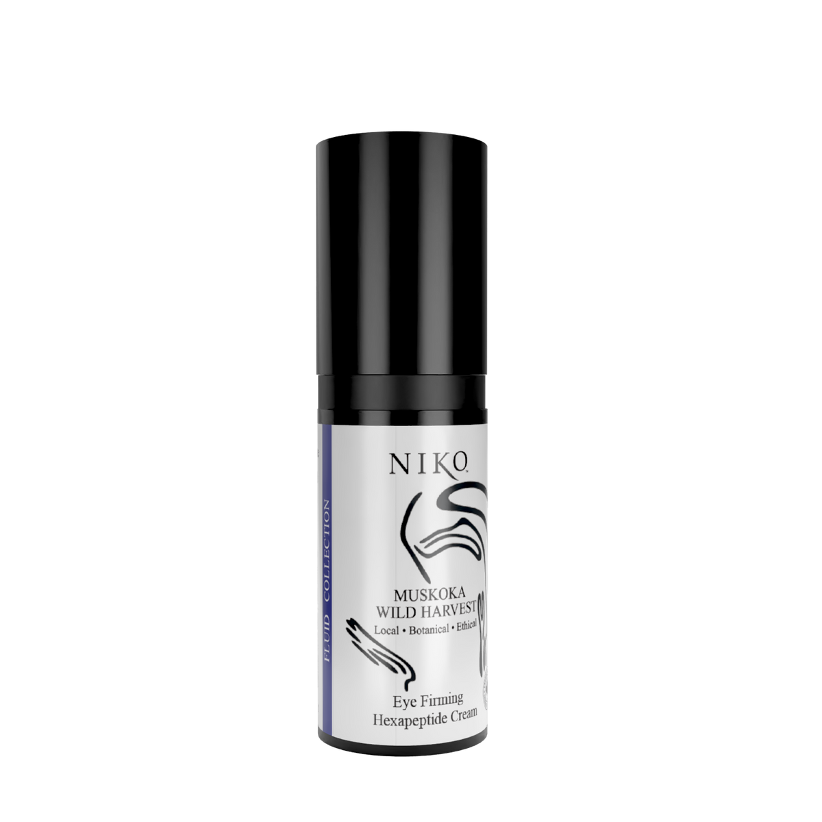 A bottle of NIKO Muskoka Wild Harvest Eye Firming Hexapeptide Cream, featuring a black bottle and a white white label with black text and graphics, set against a plain white background.