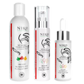 Three white skincare bottles from NIKO Organics featuring 'Muskoka Wild Harvest' on a plain white background: a large cleanser bottle, a medium serum bottle with a clear cap and silver pump, and a small essence dropper bottle with a silver cap.