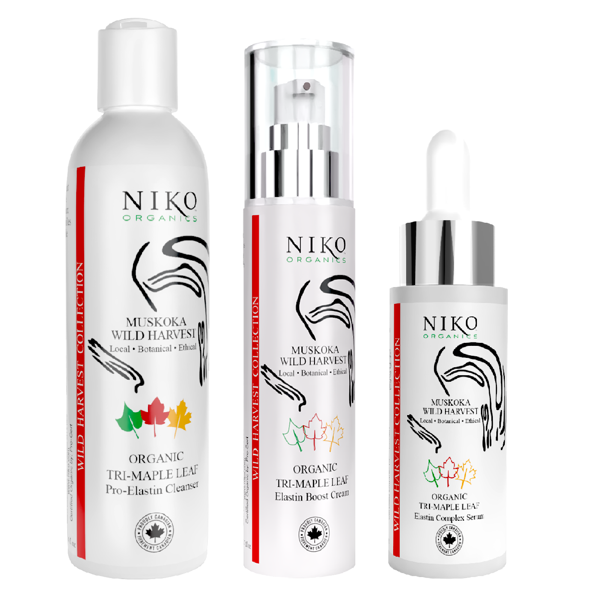 Three white skincare bottles from NIKO Organics featuring 'Muskoka Wild Harvest' on a plain white background: a large cleanser bottle, a medium serum bottle with a clear cap and silver pump, and a small essence dropper bottle with a silver cap.