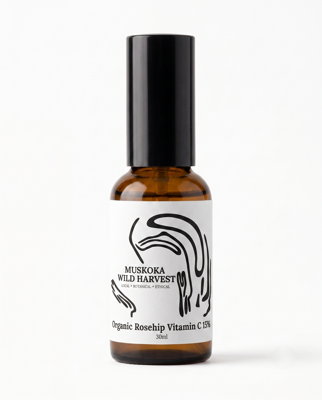 Amber glass pump bottle with black cap and white label featuring 'Muskoka Wild Harvest' Organic Rosehip Vitamin C 15% on a white background.