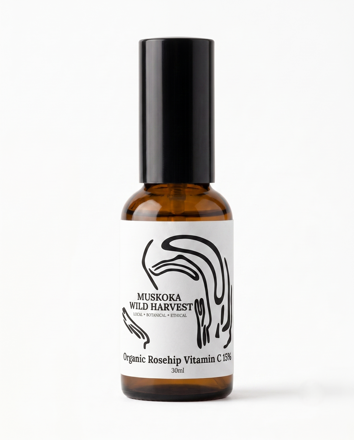 Amber glass pump bottle with black cap and white label featuring 'Muskoka Wild Harvest' Organic Rosehip Vitamin C 15% on a white background.