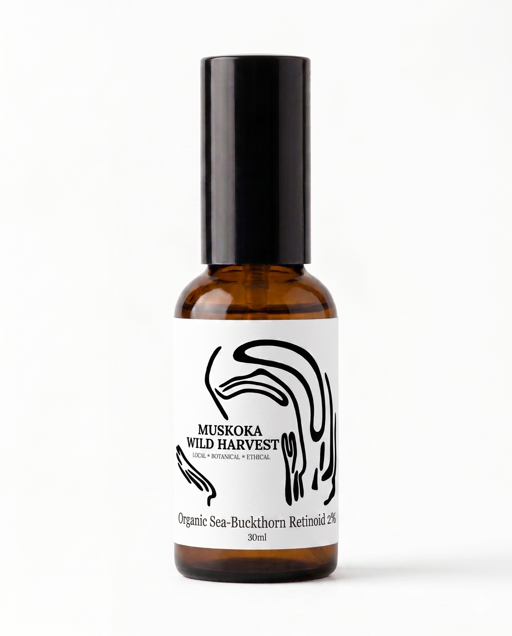 Amber glass pump bottle with black cap and white label featuring 'Muskoka Wild Harvest' Organic Sea-Buckthorn Retinoid 2% on a white background.