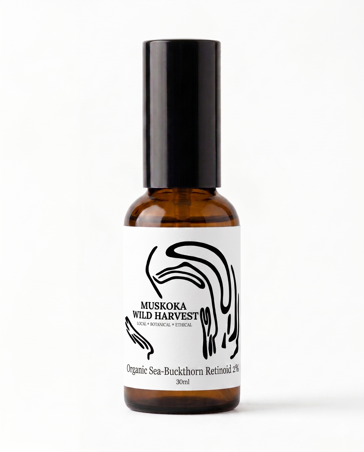 Amber glass pump bottle with black cap and white label featuring 'Muskoka Wild Harvest' Organic Sea-Buckthorn Retinoid 2% on a white background.