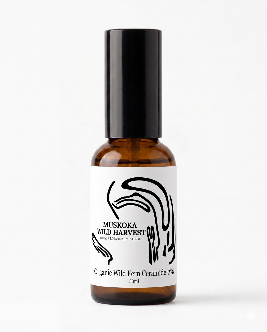 Amber glass pump bottle with black cap and white label featuring 'Muskoka Wild Harvest' Organic Fern Ceramide 2% on a white background.