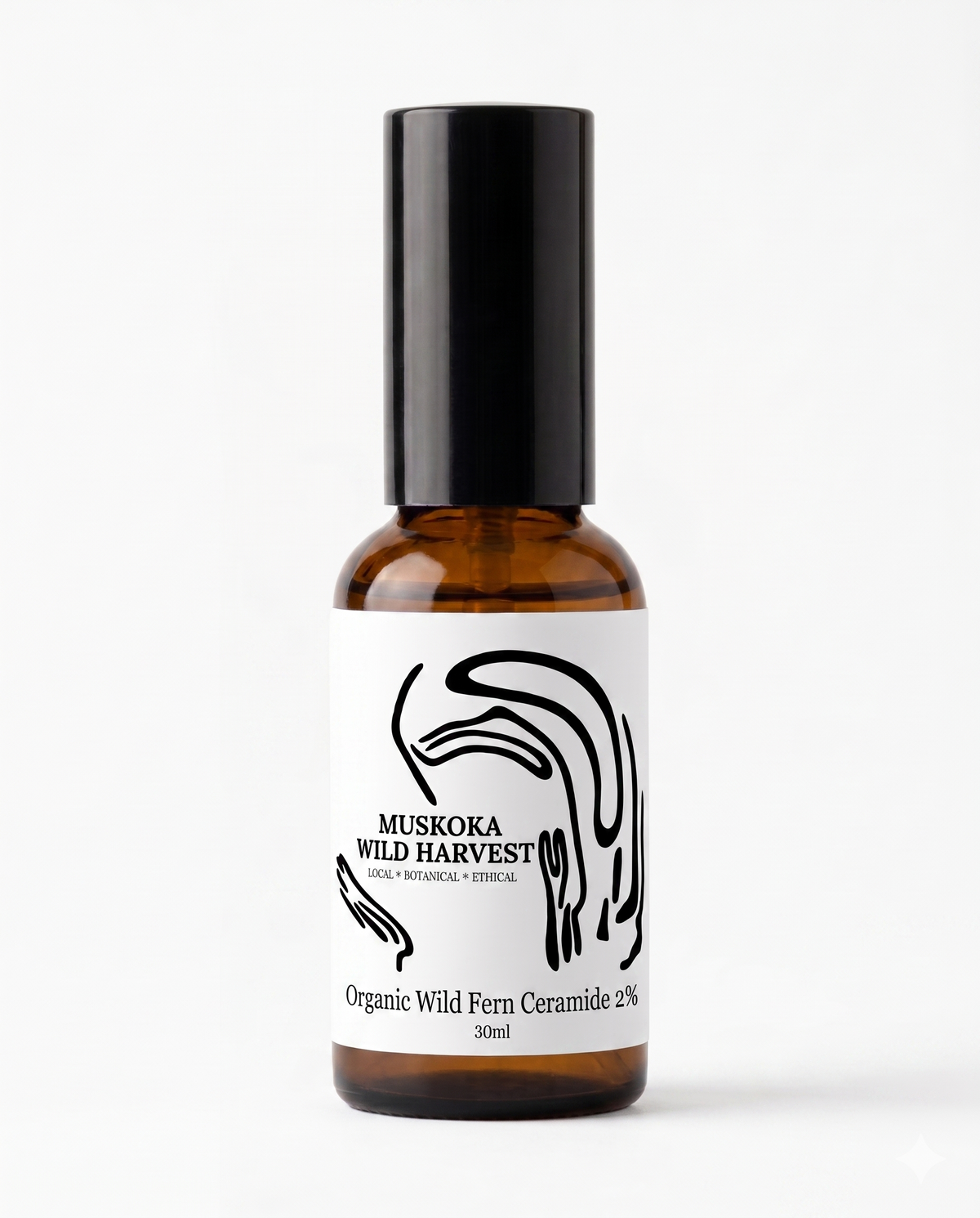 Amber glass pump bottle with black cap and white label featuring 'Muskoka Wild Harvest' Organic Fern Ceramide 2% on a white background.
