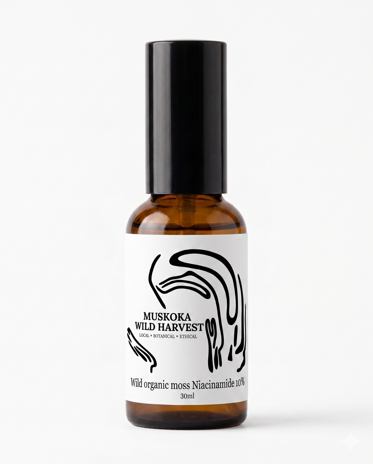 Amber glass pump bottle with black cap and white label featuring 'Muskoka Wild Harvest' Organic Moss Niacinamide 10% on a white background.