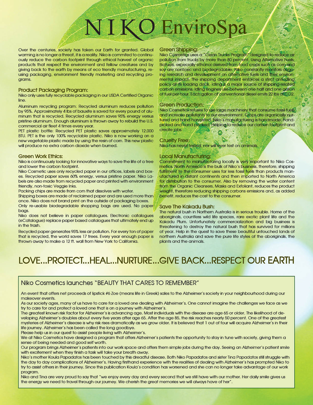 Niko EnviroSpa document with green leaf design and text on a white background