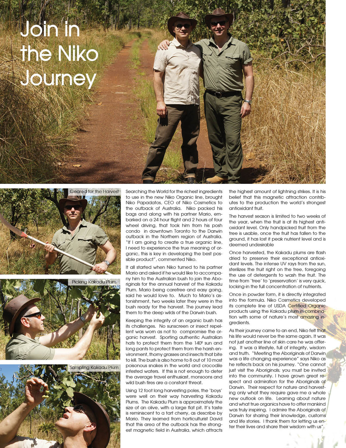 Two men standing on a dirt path with text overlay about joining the Niko Journey in Australia.