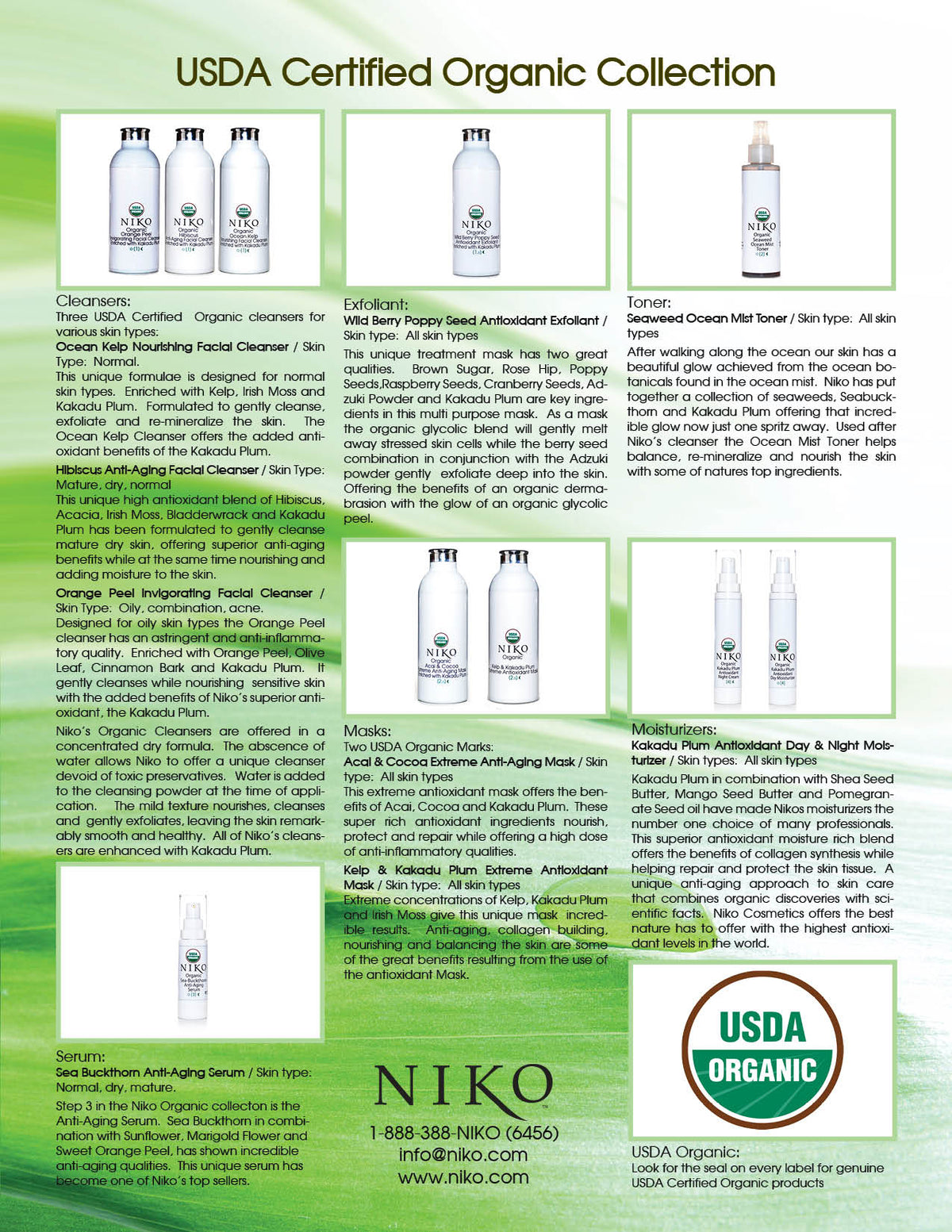 NIKO'S early USDA Certified Organic Collection with product images and descriptions on a green background