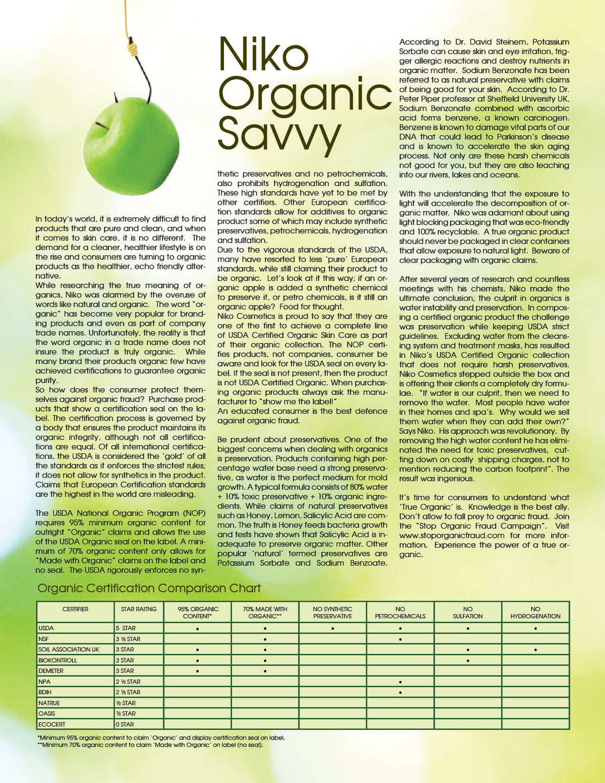 Niko Organic Savvy leaflet with green apple graphic and certification chart on a yellow background