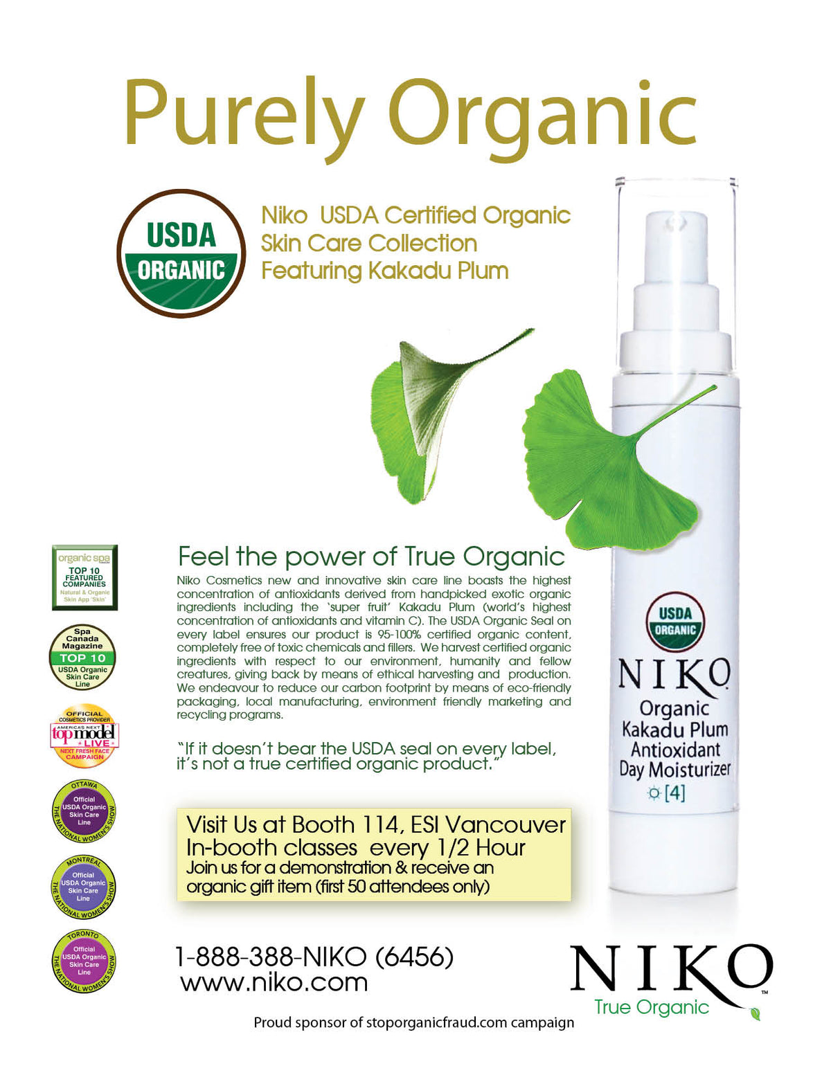 Advertisement for Niko Organic skincare products with a bottle of day moisturizer on a white background.