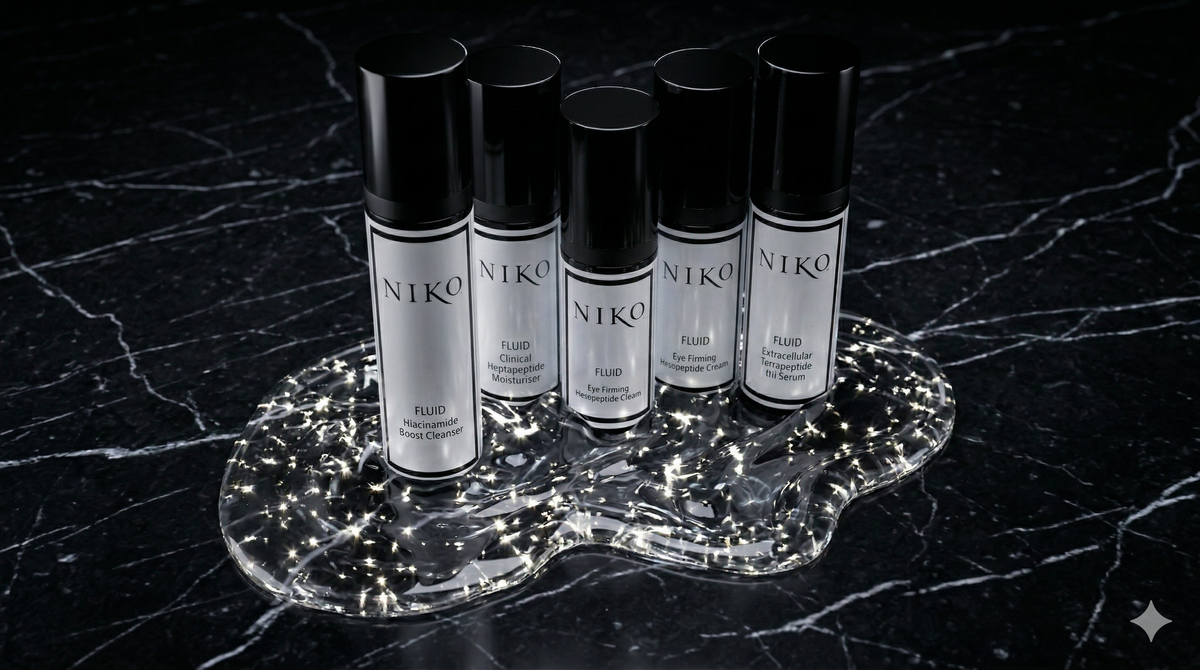 Fluid collection of five products standing together on a clear gel substance on a black veined marble surface