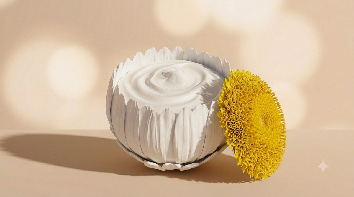 hyper realistic image of a daisy petals shaped into a jar with white cream a daisy center leaning on the right representing the lid 