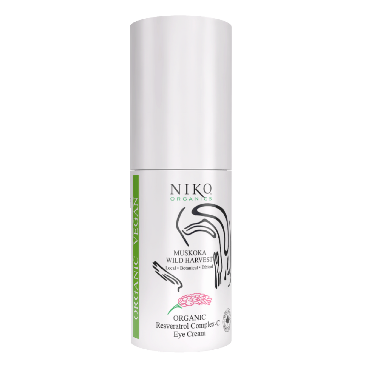 A white cylindrical bottle of NIKO Organics Muskoka Wild Harvest Organic Reversing Complex C Eye Cream, featuring a white cap and a white label with black text and graphics, set against a plain white background.